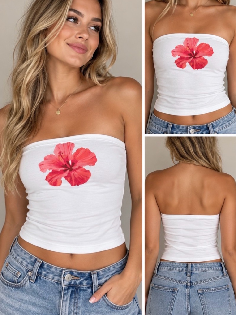 Wild Fable XXS White Hibiscus Floral Strapless Tube Top Y2K Tropical beach